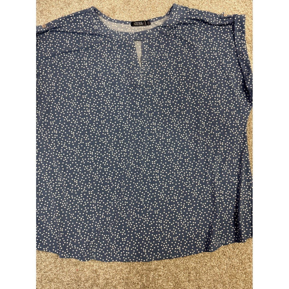 Cure Womens 3X Blue Polka Dot Keyhole Neck Short Sleeve Blouse Top